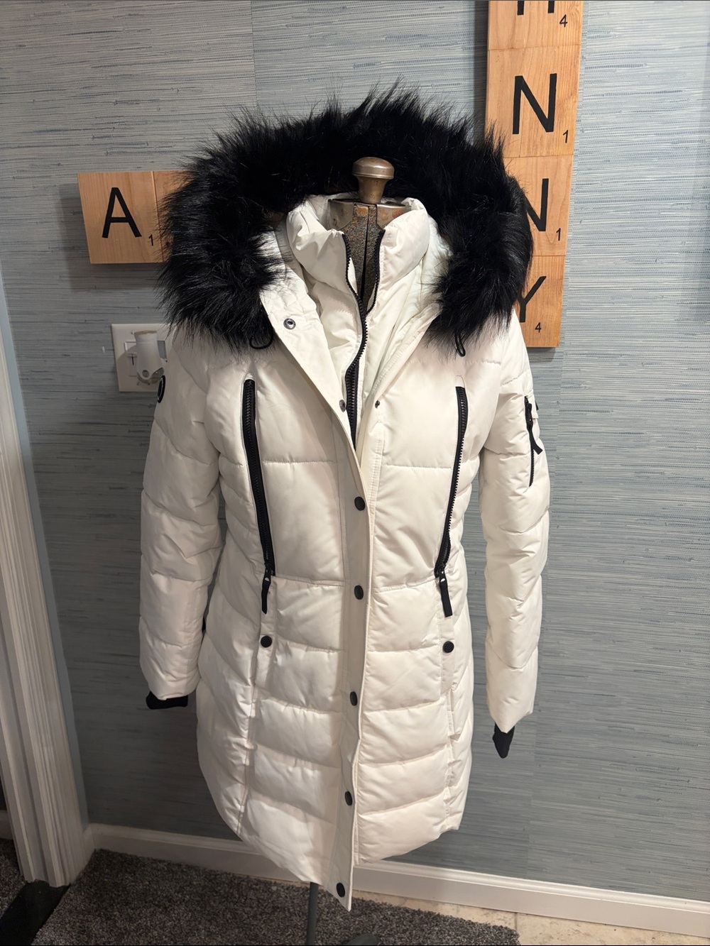 Nautica White Long Puffer Coat with Black Faux-Fur Hood